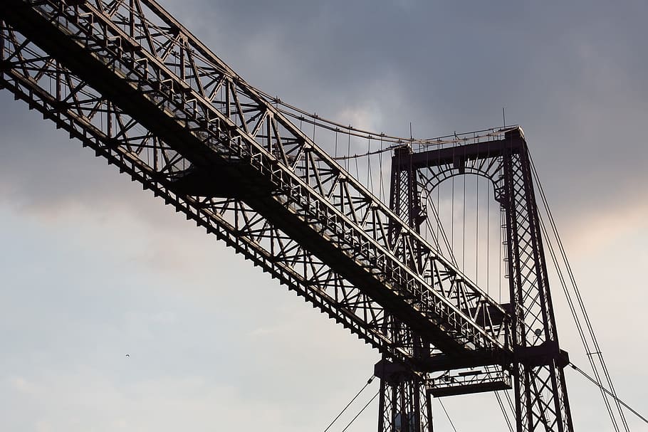 low angle view of suspension bridge, bilbao, steel structure, HD wallpaper