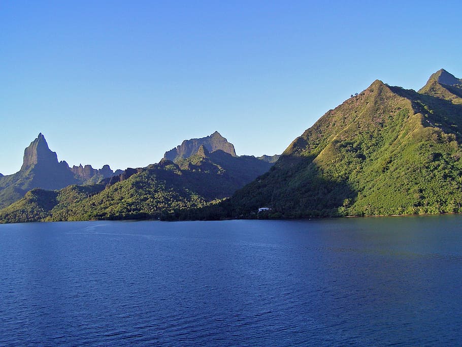 green mountain range near body of water, Moorea, French, Polynesia