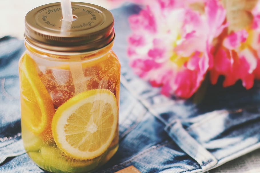 Lemonade punch near at pink flower, food, fruit, freshness, jar HD wallpaper