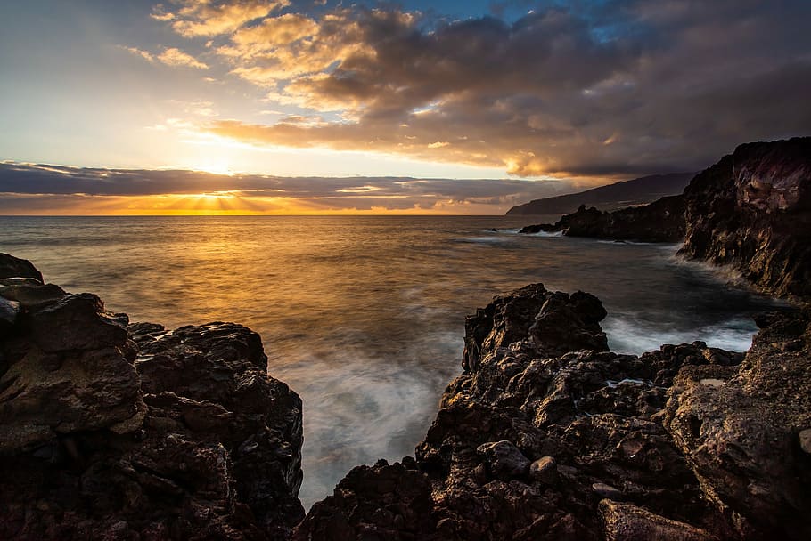 sunset, sea, sky, evening, nature, dusk, water, mood, romantic HD wallpaper