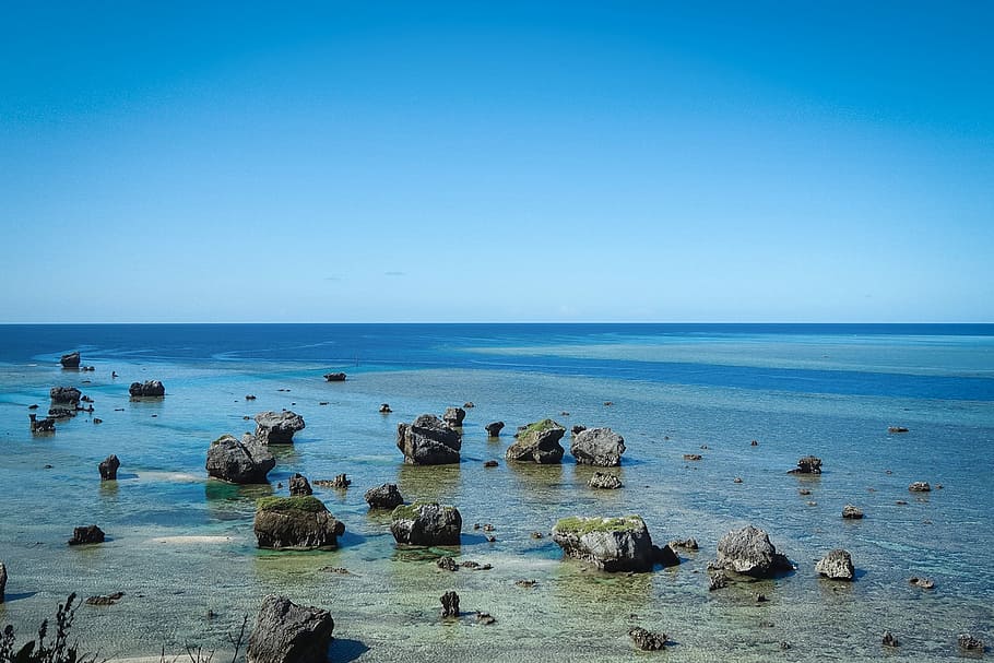 rocks on seashore with calm sea background, beach, nature, coastline HD wallpaper