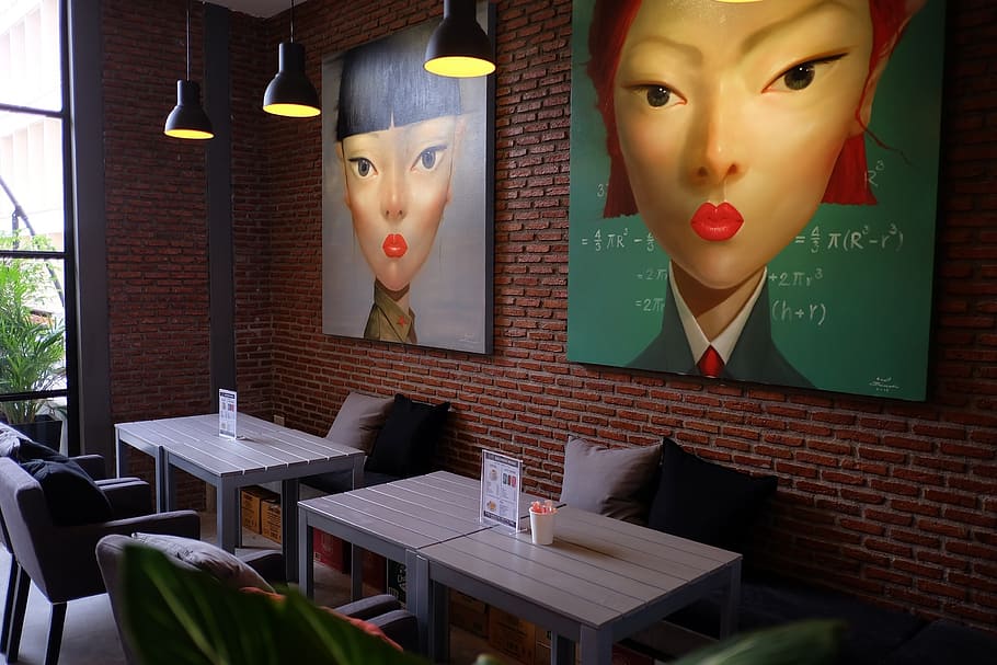 table, cafe, print, representation, human representation, no people HD wallpaper