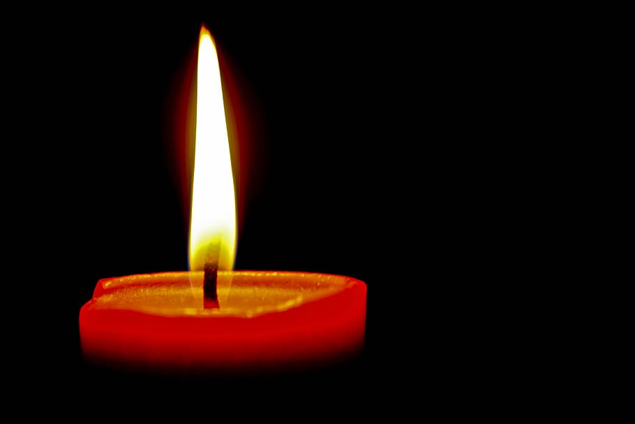 lighted red pillar candle, black, dark, fire, isolated, flame, HD wallpaper