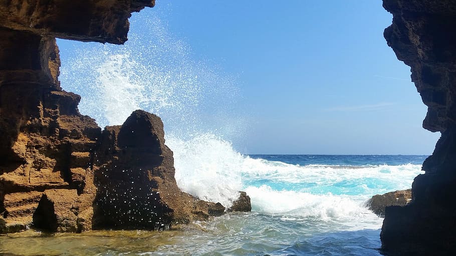 Sea, Wave, Coast, Spray, Water, Surf, waters, horizon, blue HD wallpaper