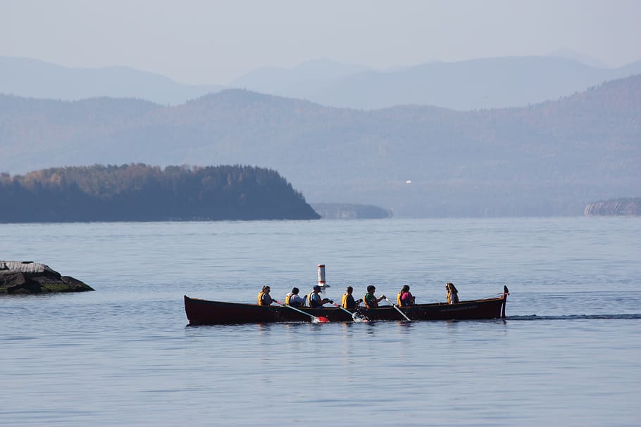 rowing, lake, lake champlain, mountains, water, boat, travel HD wallpaper