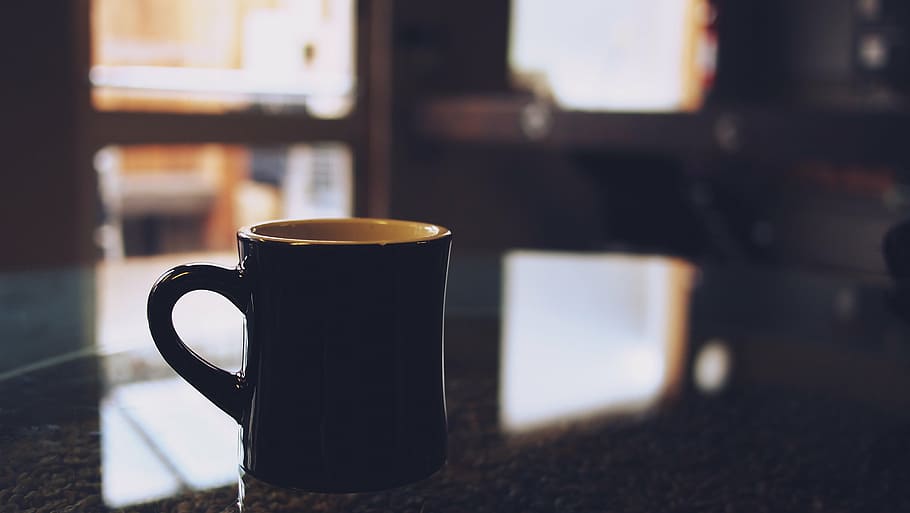 selective focus of black ceramic mug, coffee, cup, beverage HD wallpaper
