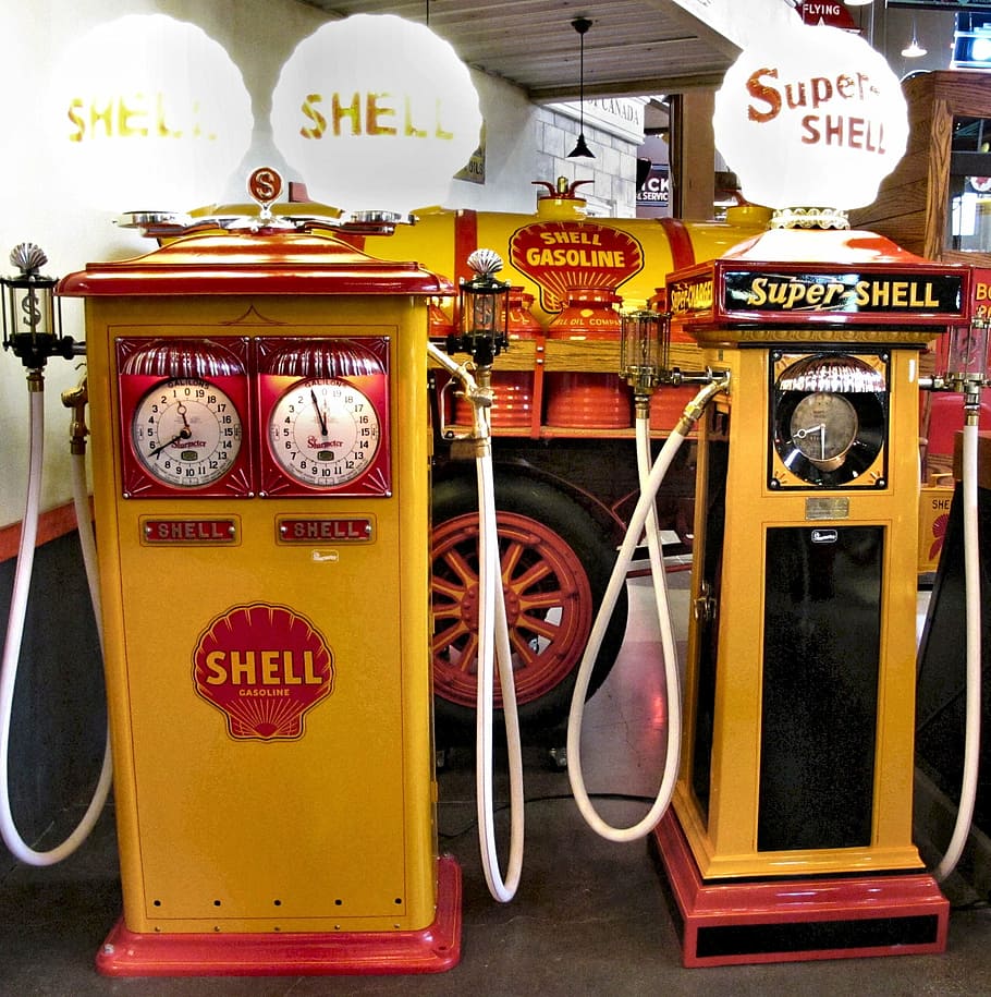 shell gasoline pumps, antique, restored, canada, communication, HD wallpaper