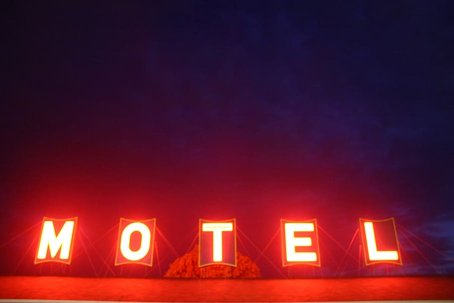 hotel, neon, night, illuminated, communication, copy space HD wallpaper