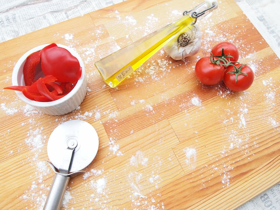 used pizza slicer, eat, tomatoes, oil, paprika, food, meal, raw food, HD wallpaper