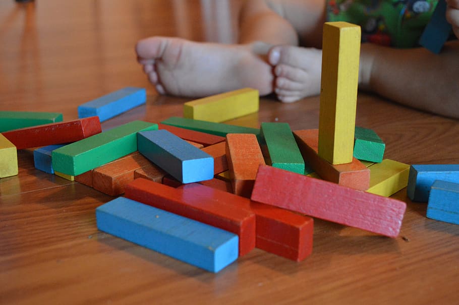 blue, green, and yellow bricks, blocks, child, toy, education