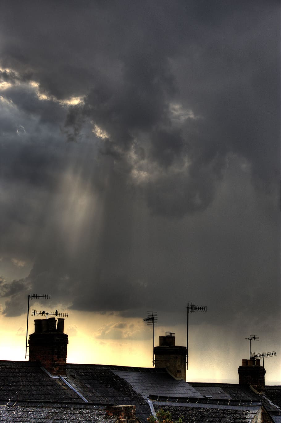 chimneys, weather, sky, clouds, rooftops, sunlight, cloudy HD wallpaper