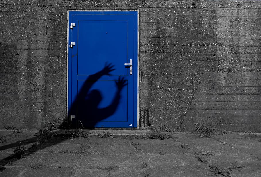 person's shadow on door, blue, shade, man, effect, creepy, scary HD wallpaper