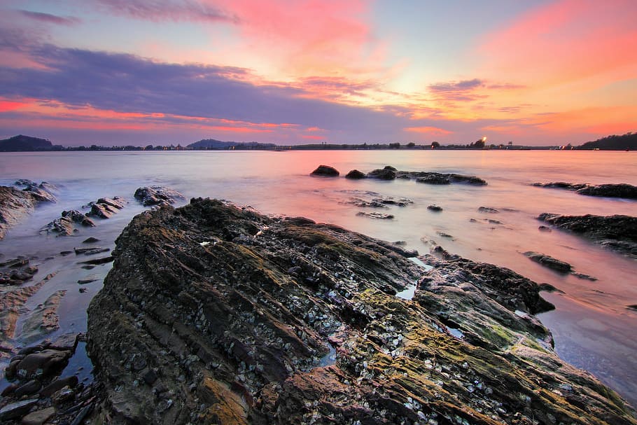 beach, dawn, dusk, nature, ocean, outdoors, rocks, rocky, scenic HD wallpaper