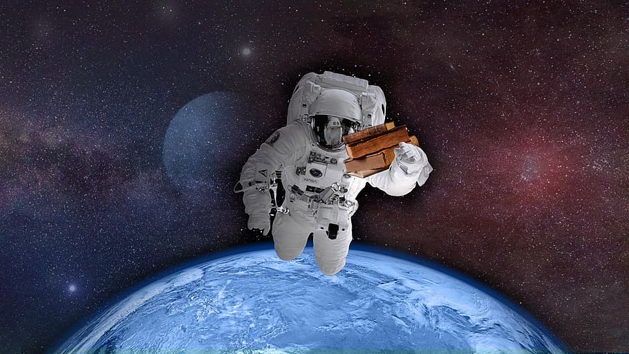 illustration of person in space, astronaut, world, earth, books