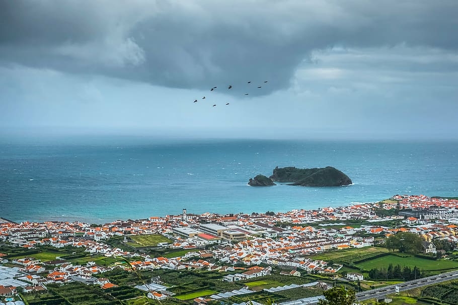 Azores, cityscape, coast, houses, ocean, portugal, sea, shore, HD wallpaper