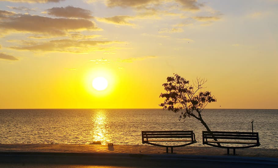 Sunset, Evening, Tropical, Sea, Bench, shore, orange, clouds HD wallpaper