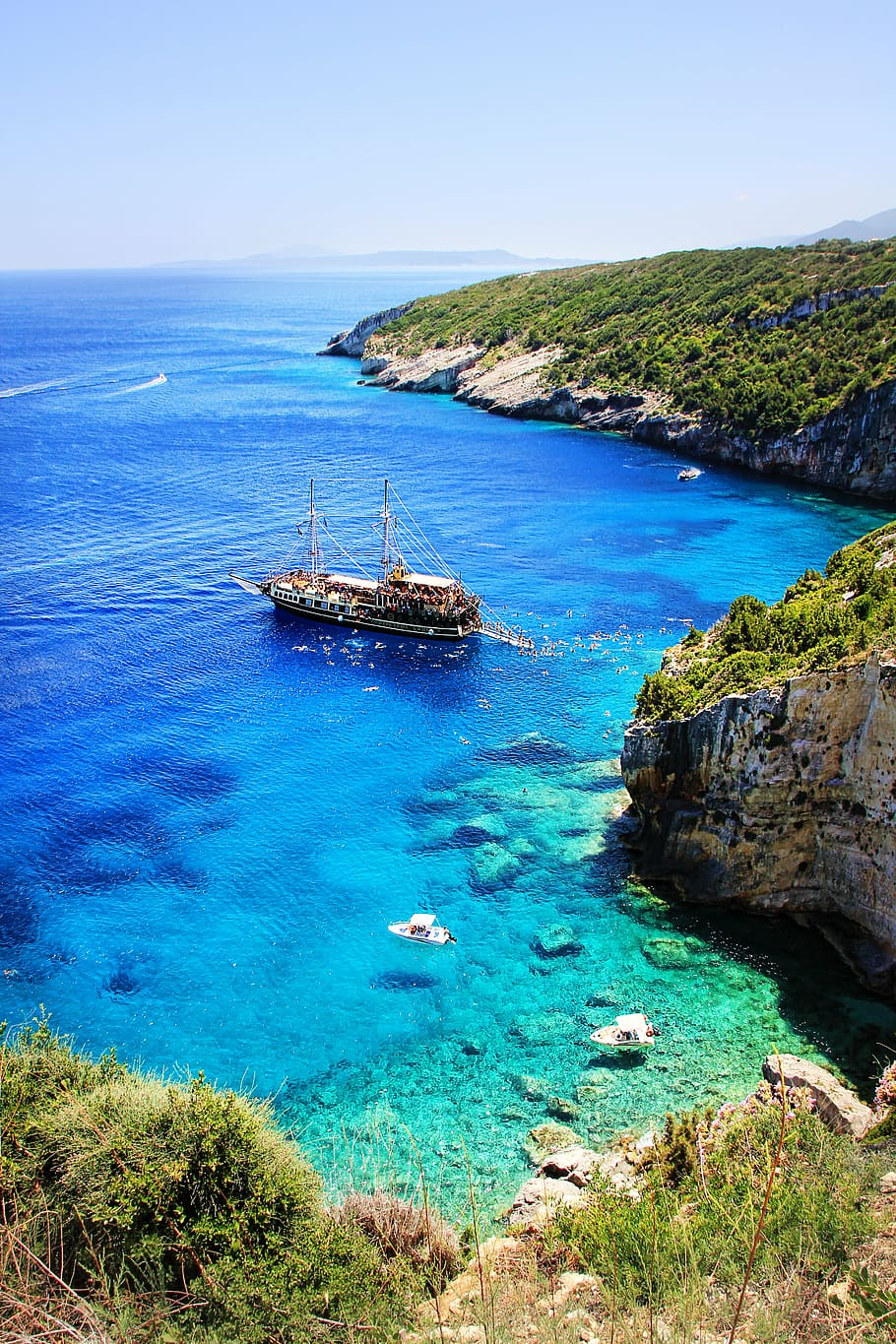 ship on body of water near cliff, zakynthos, sea, holiday, coast, HD wallpaper