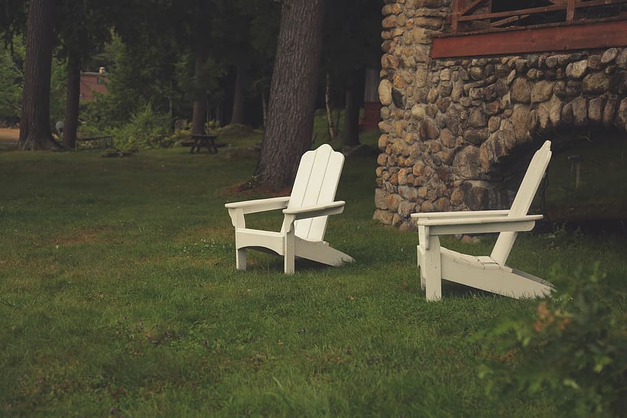 two white adirondack chairs on grass, lawn chairs, yard, green