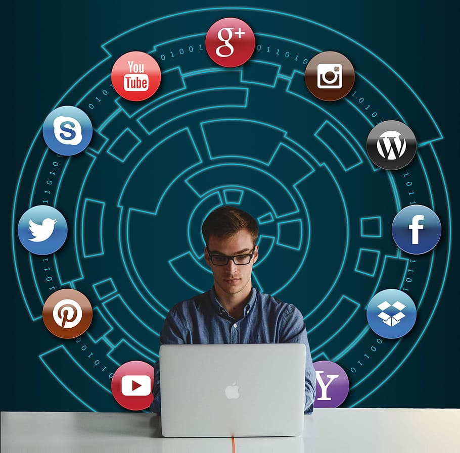 man in front of MacBook, business, internet, technology, communication HD wallpaper