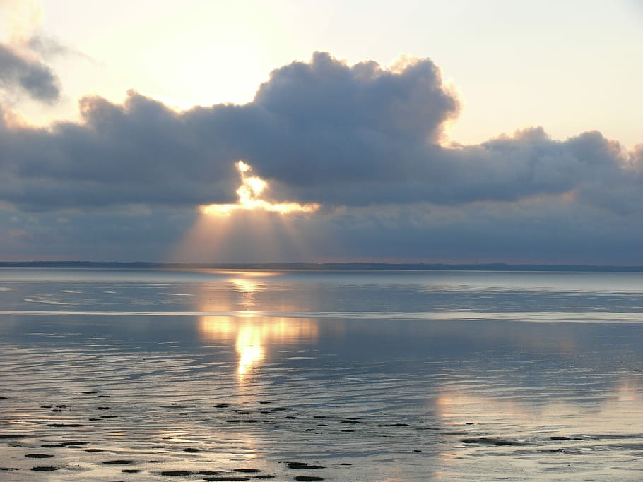 Clouds, Sun, Sea, Sunbeam, afterglow, evening, sky, wadden sea HD wallpaper