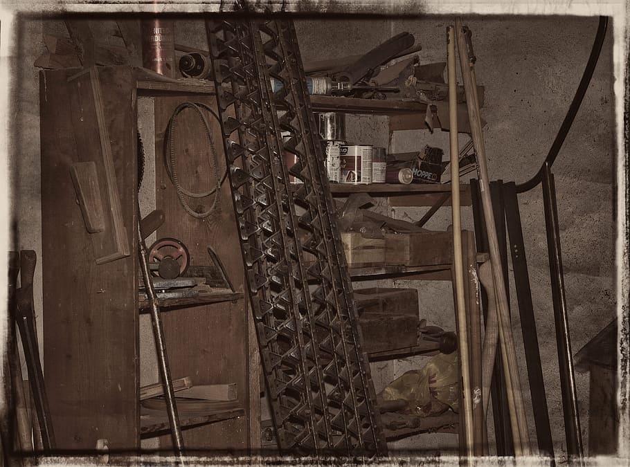 storage room, workshop, lumber, old, old photo, past, transfer print HD wallpaper