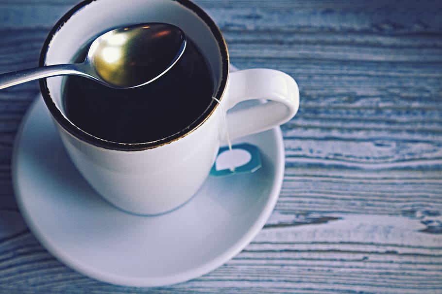 white ceramic mug on top of saucer plate, cup, tee, spoon, tea bags HD wallpaper