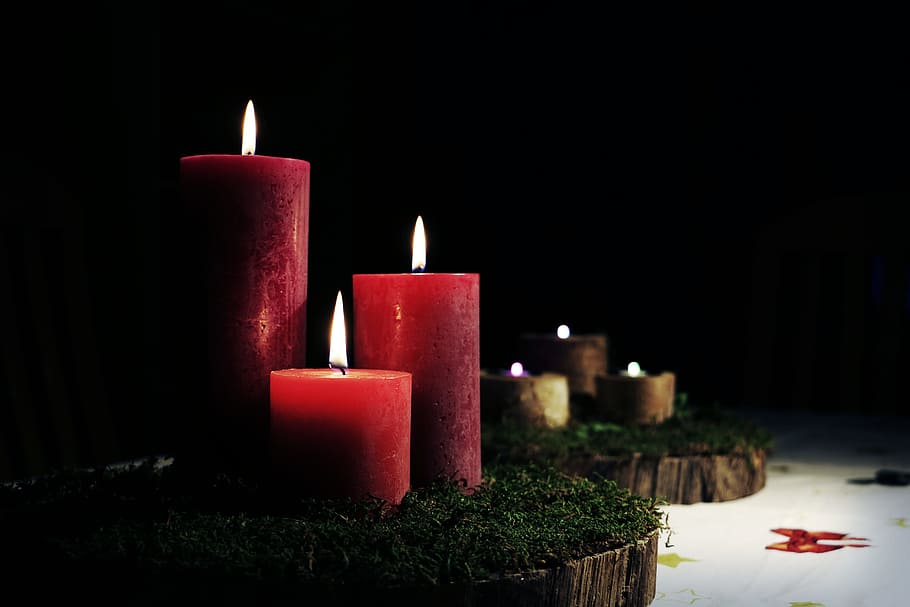 three lighted red pillar candles, black, candlelight, dark, fire, HD wallpaper