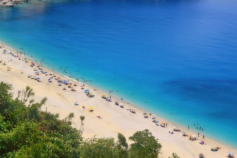 turquoise, beach, blue, myrtos, kefalonia, island, coastline HD wallpaper