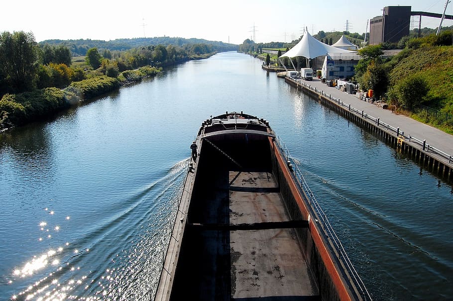 frachtschiff, freighter, channel, ship, rhine herne canal, bridge, HD wallpaper