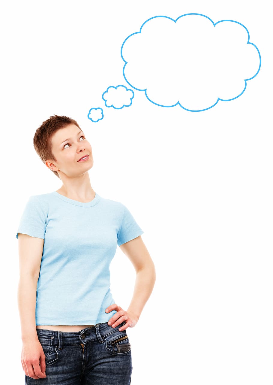 photo of woman in blue shirt, bubble, caucasian, thought, daydream HD wallpaper