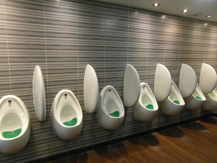 white automatic urinary lot, urinal, toilet, gents, pee, male