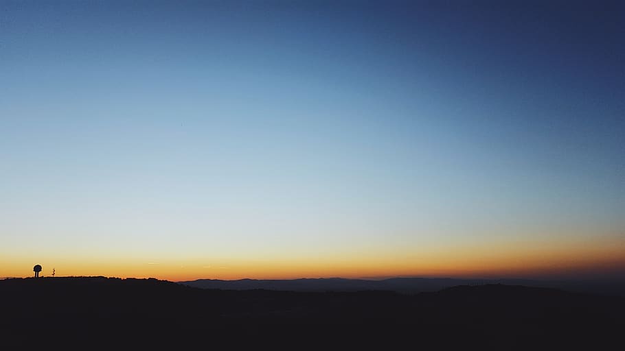 sunset, mountain, tree, blue, clouds, sky, landscape, silhouette HD wallpaper