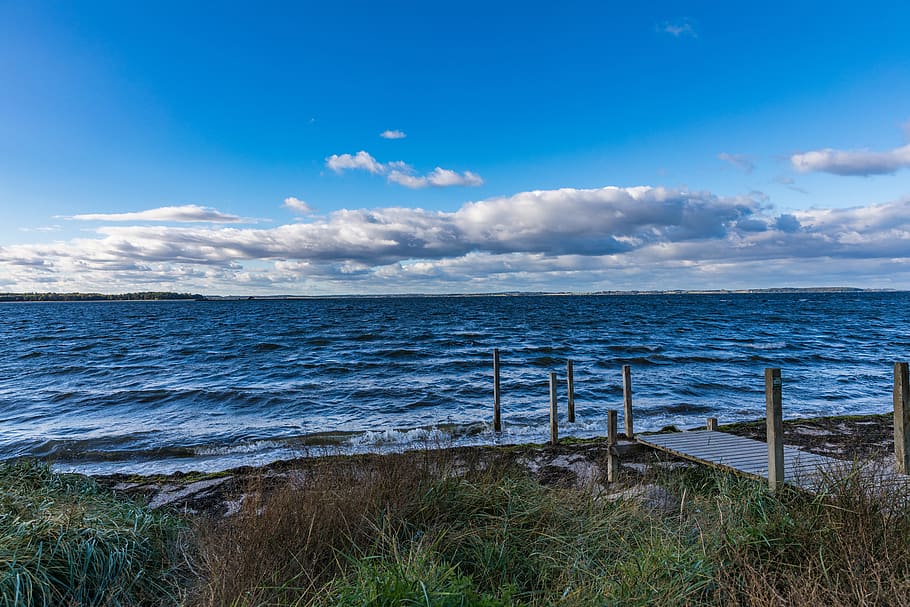 autumn, bridge, poles, clouds, water, sea, sky, cloud - sky HD wallpaper
