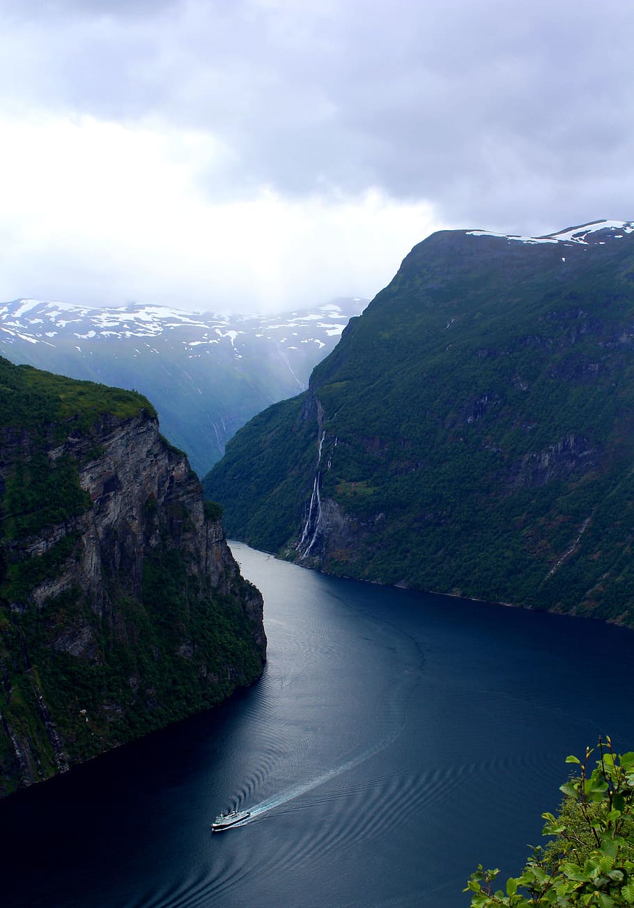 Geiranger Fjord, Panoramic, the seven sisters, norway, scenics, HD wallpaper