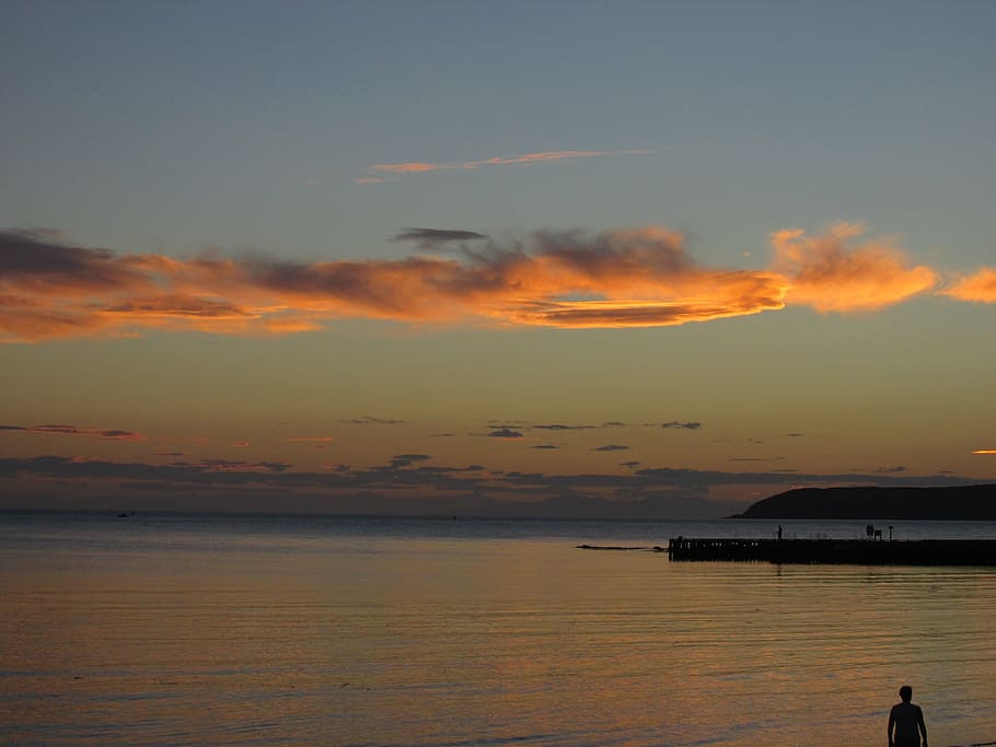 sunset, beach, sea, plimmerton, mana island, clouds, sky, water HD wallpaper