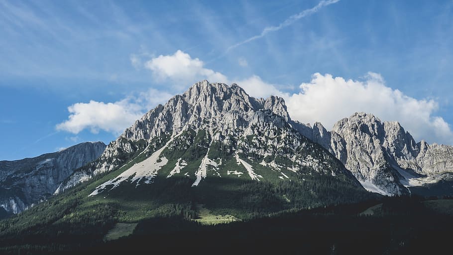 photo of grey mountain under blue sky, mountain touching the clouds HD wallpaper
