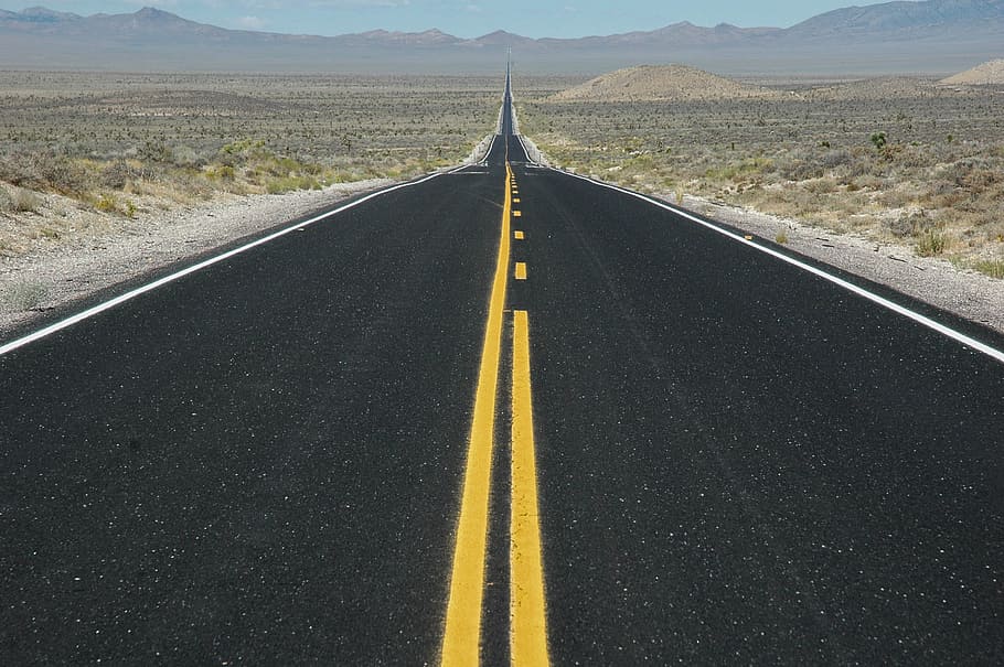 asphalt road with yellow lines, photo of black road, straight road