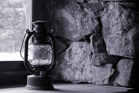 turned-off lamp on desk near window in grayscale photography HD wallpaper