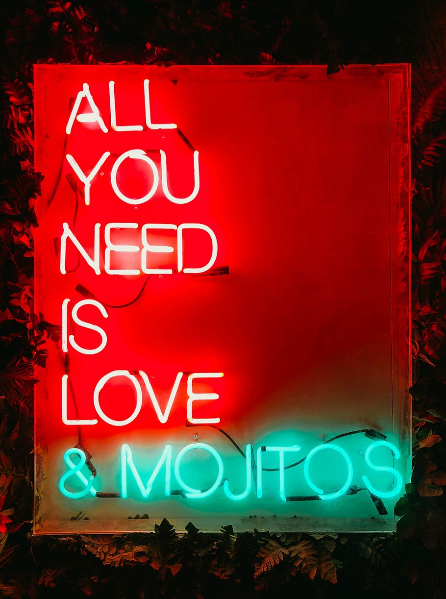 red and green all you need is love and mojitos neon sign, white and blue neon LED signage