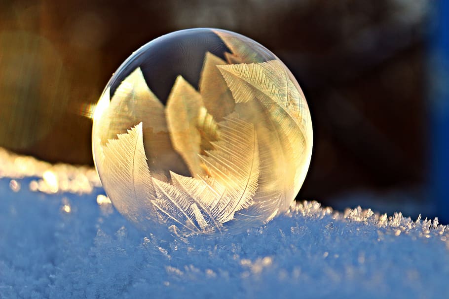 shallow focus of clear glass ornament on snow, soap bubble HD wallpaper