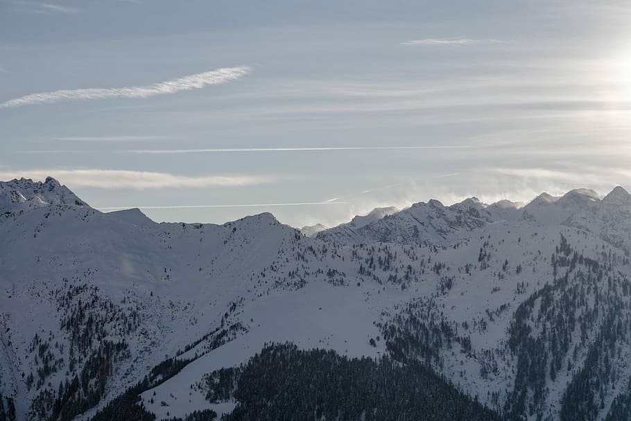 sunlight over alp mountain, mountain range, snow, tree, woodland HD wallpaper