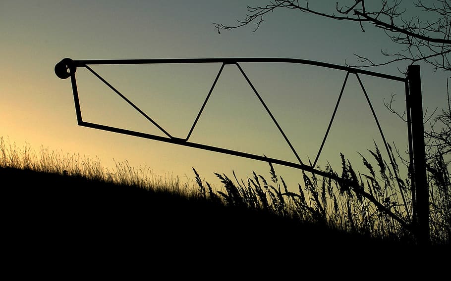 sunset, the slope, gate, grass, sky, silhouette, plant, nature HD wallpaper