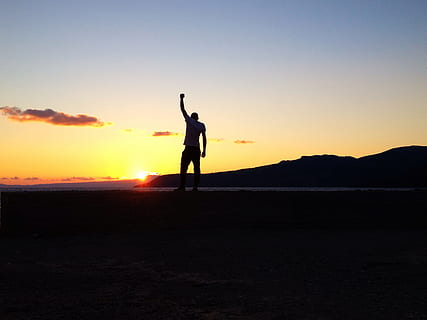 silhouette of man on sunset, siluet, light, shadow, summer HD wallpaper