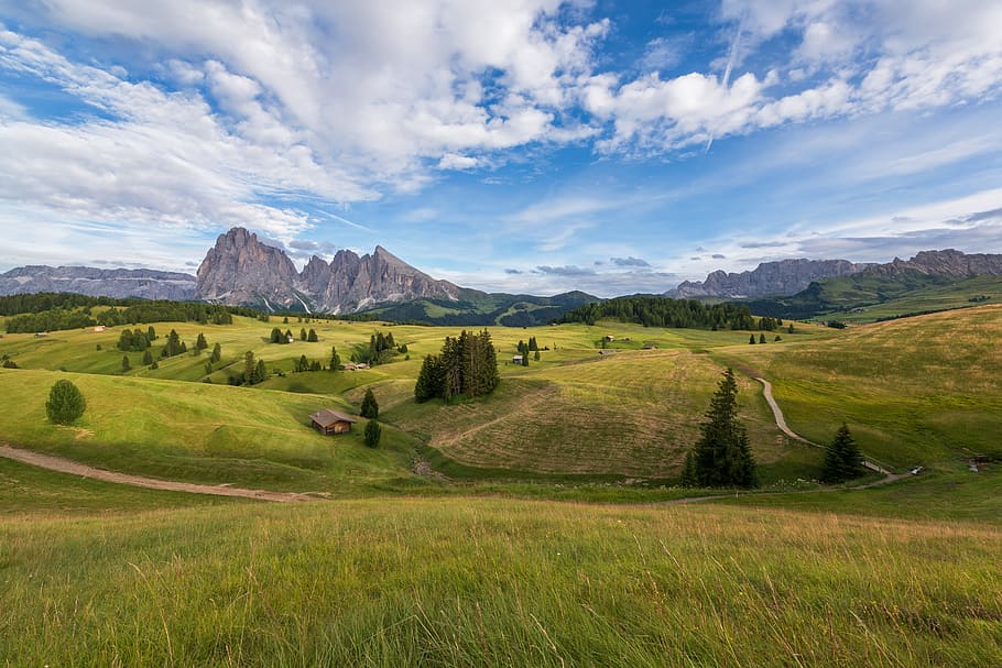road, landscape, mountains, nature, blue, chalet, clouds, cottage HD wallpaper