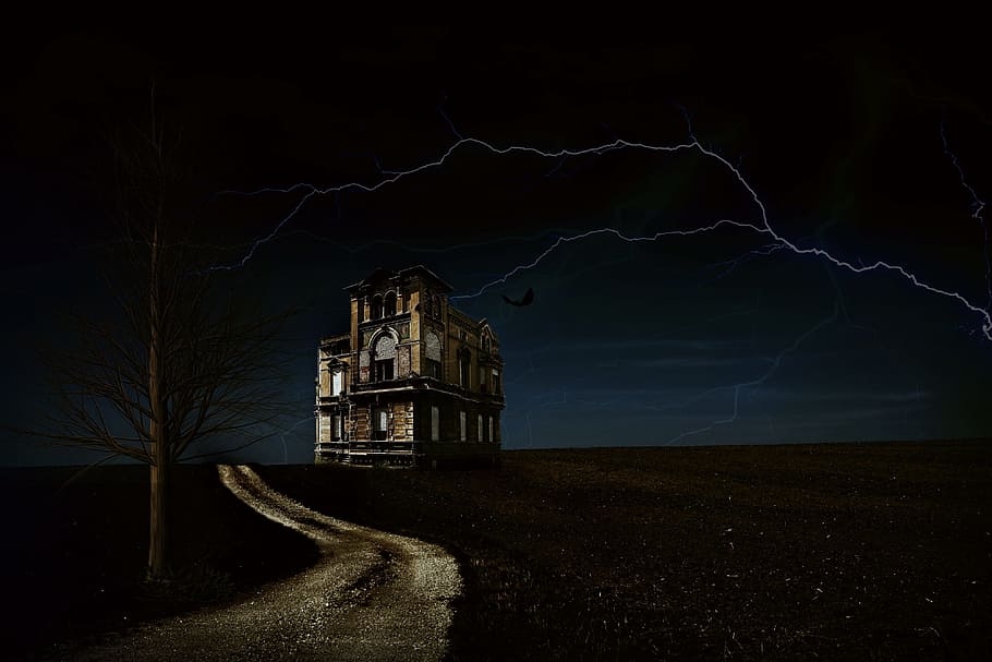 photo of building with lightning during night time, home, ruin, HD wallpaper