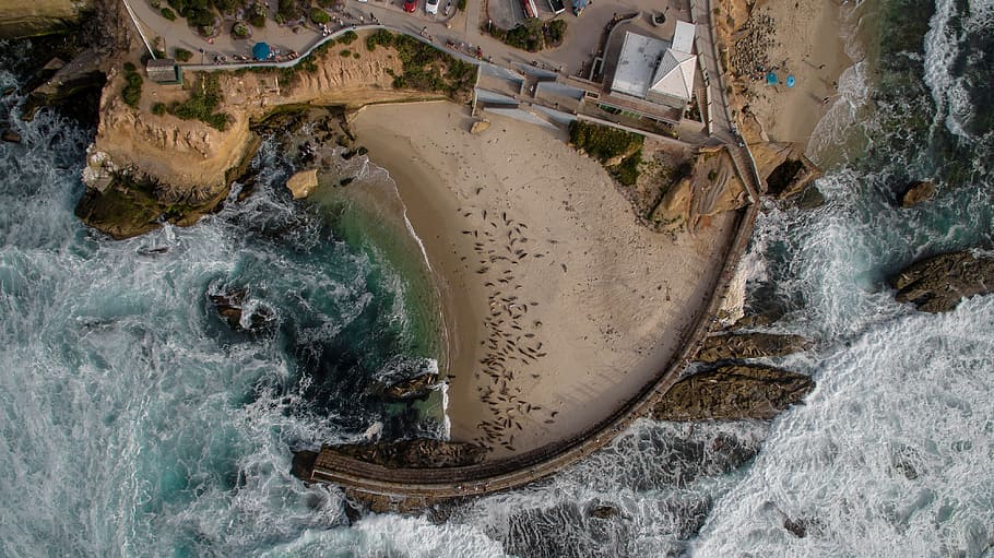 sea, ocean, water, waves, coast, nature, aerial, view, beach HD wallpaper