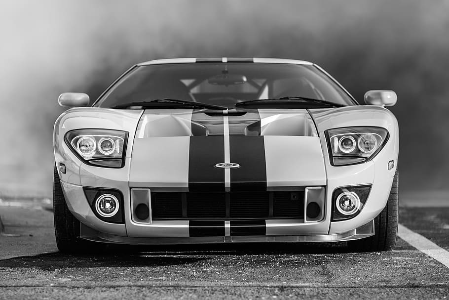 black and white photography of white Ford GT, car, supercar, speed, HD wallpaper