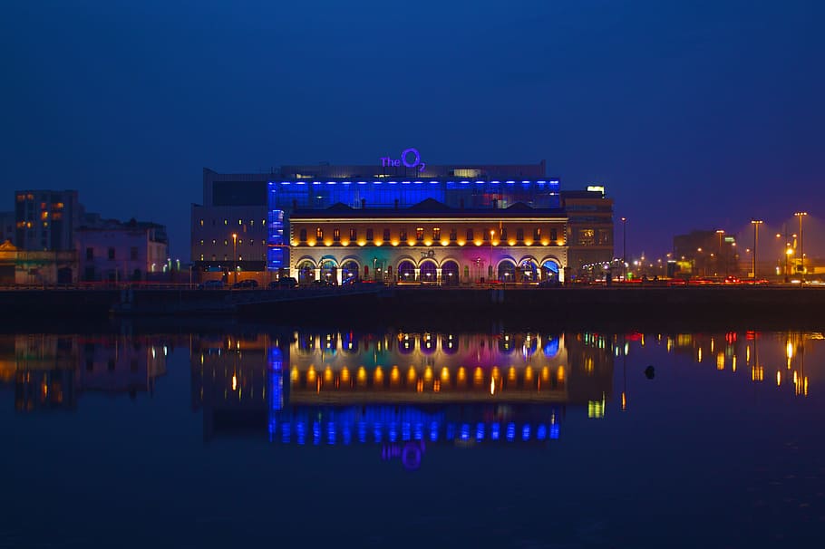 night, water, dublin, reflections, o2, building exterior, illuminated HD wallpaper