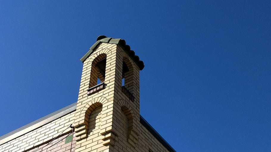 bell's, brewery, tower, blue, sky, brick, architecture, building HD wallpaper