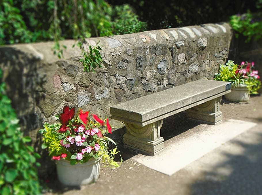 bench, wall, marble, stone, park, garden, flowers, serenity HD wallpaper